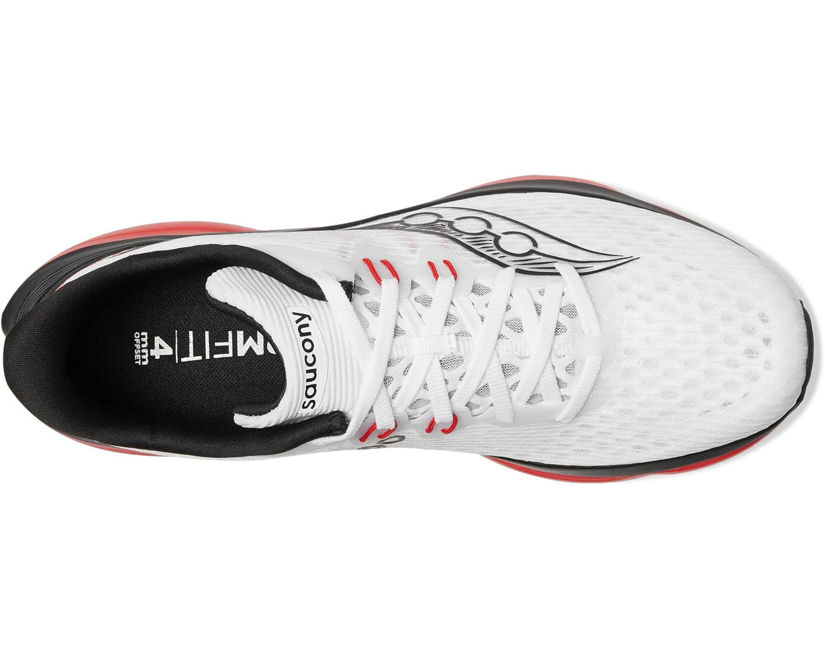 White running shoe with black collar, white laces, and red trim details