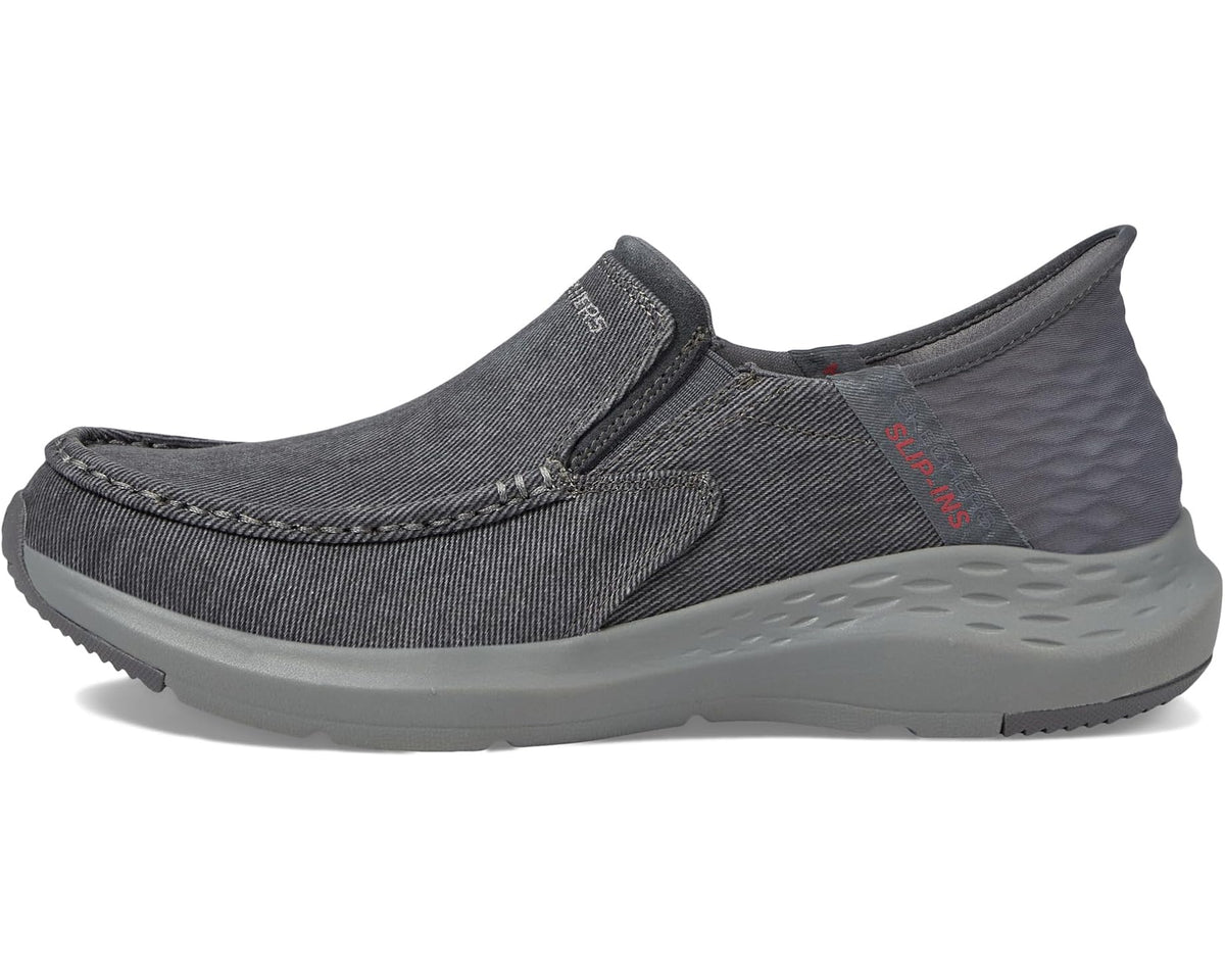 Men's slip-on sneakers in charcoal fabric with side stretch panels and gray sole