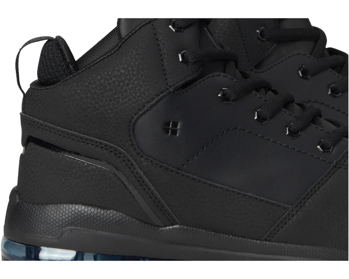 Men's Tigon black upper close-up with lace eyelets and stitched panels