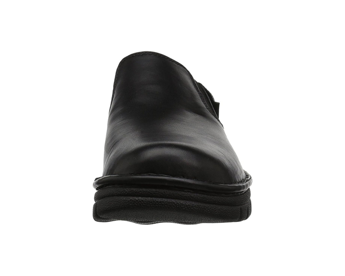 Black leather slip-on shoe heel and toe with stacked midsole and rubber grip