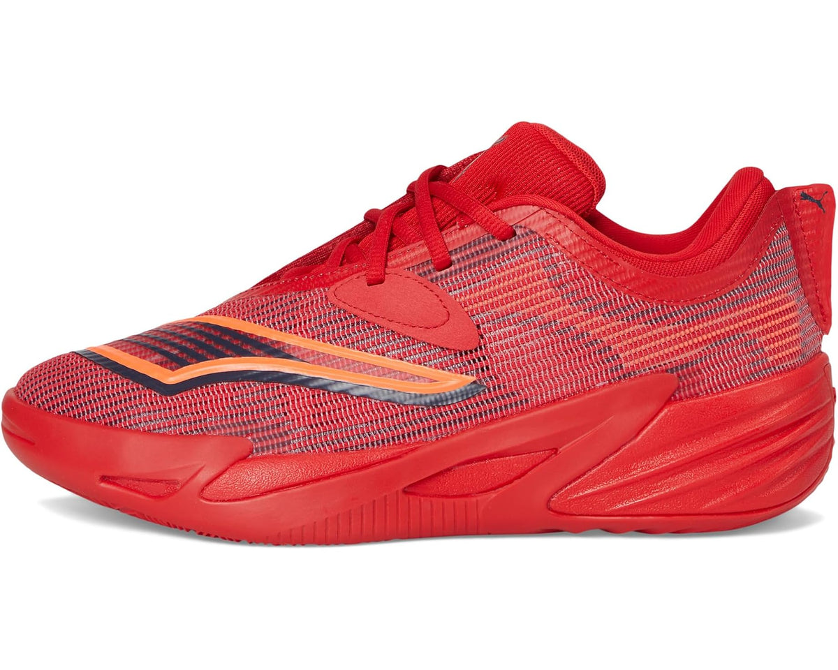 Red and blue-accent lace-up sneaker with molded details and cushioned midsole
