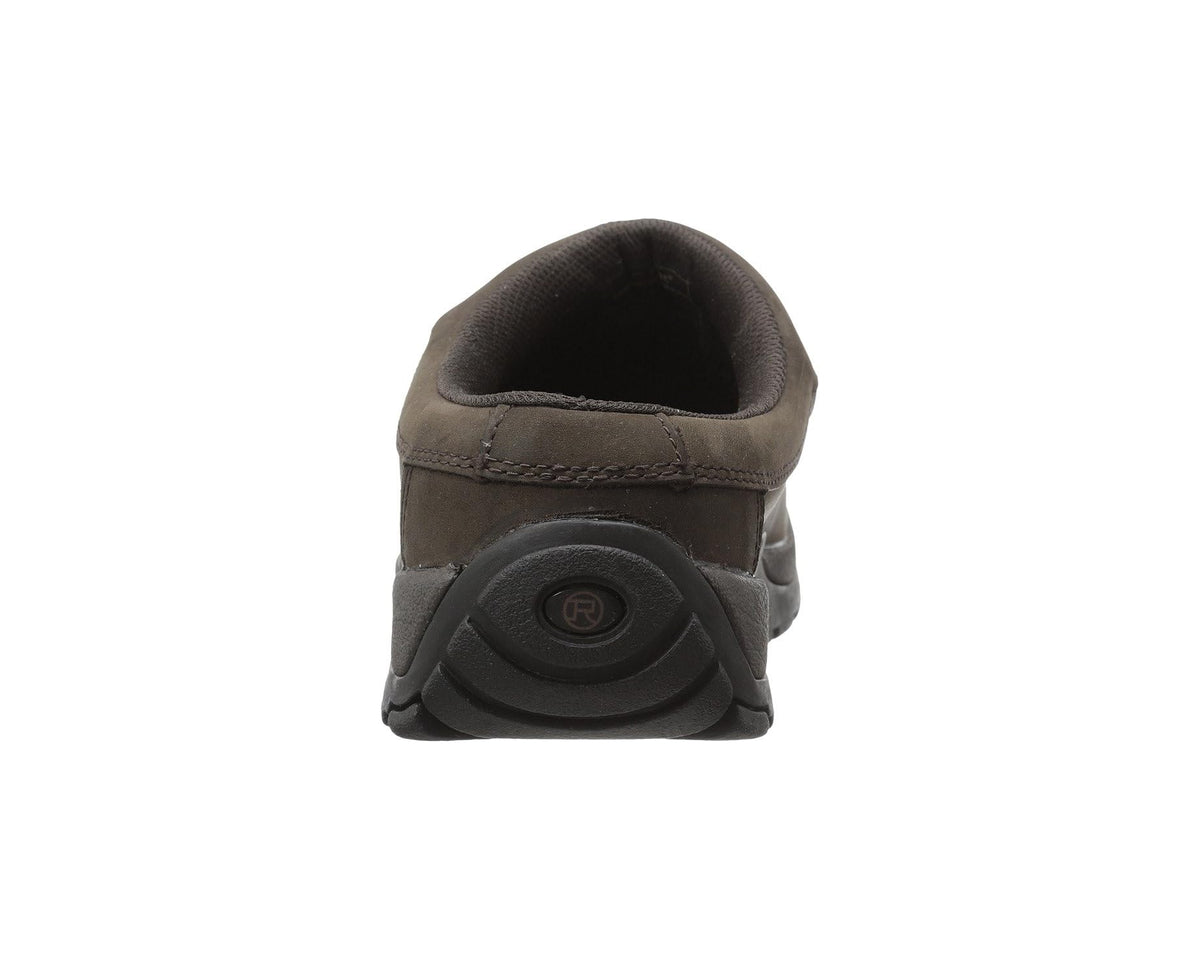 Back view of brown slip-on mule showing heel panel and R logo detail