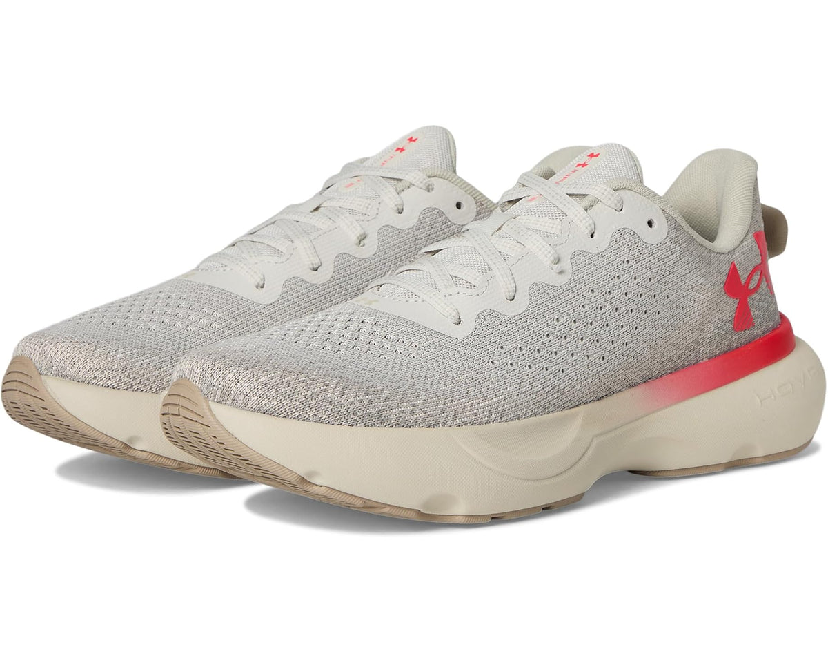 Men's Under Armour knit running shoes, light gray with red accents and cream sole