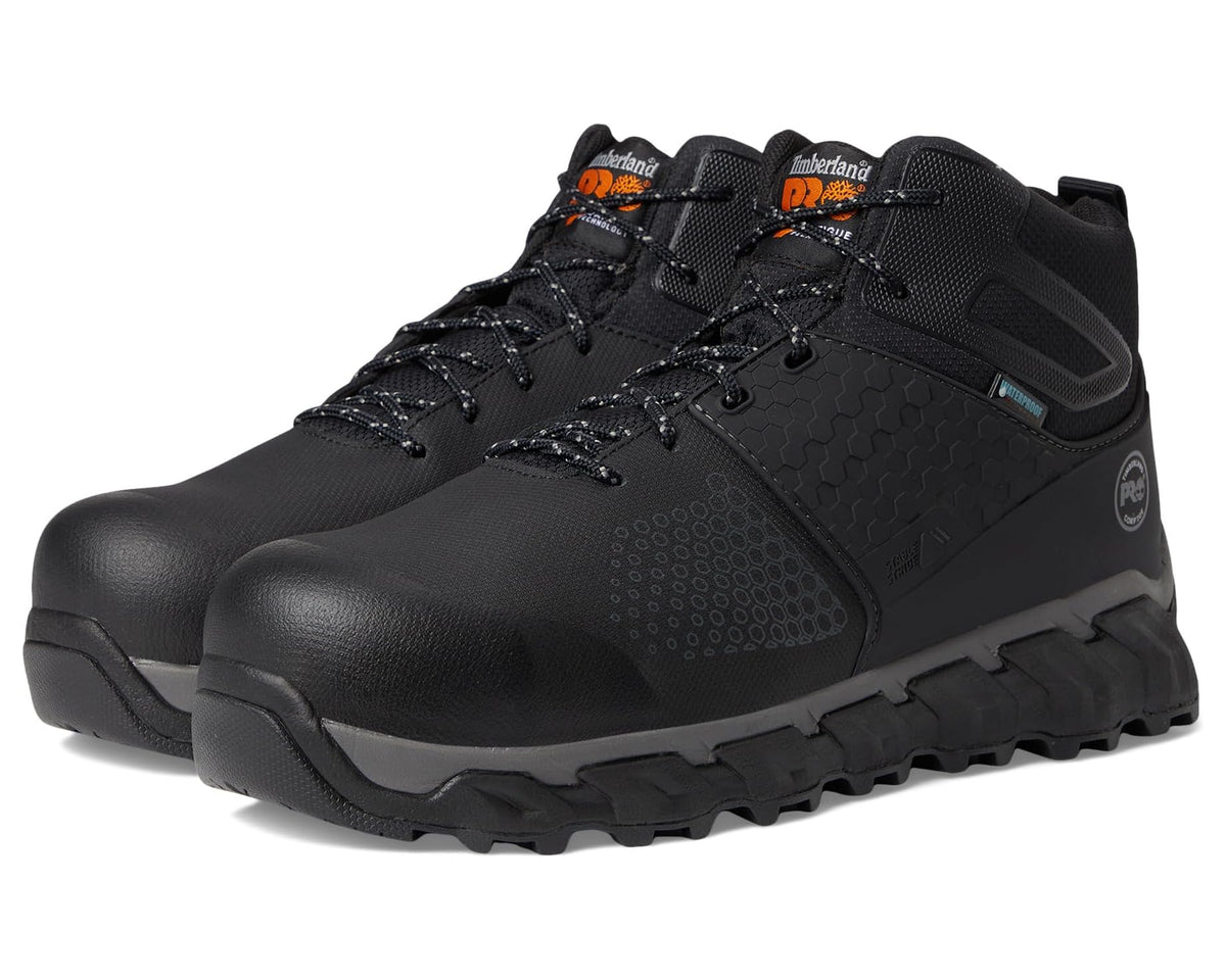 Black waterproof work boot, lace-up mid height, rugged tread sole