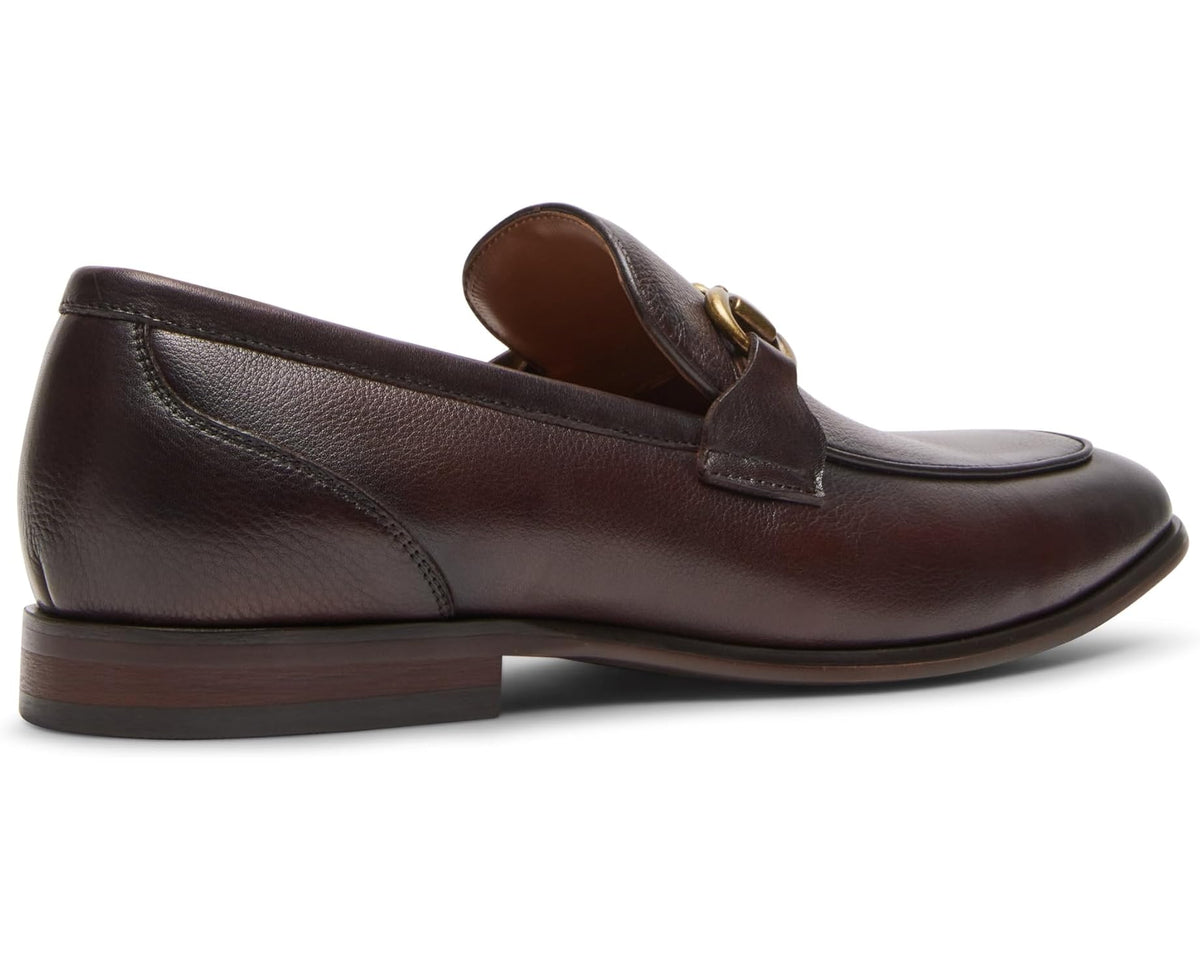 Brown leather loafer with gold-tone horsebit detail, side profile, low heel
