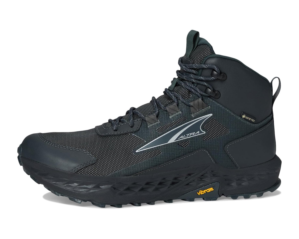 Black lace-up GTX hiker boots with side logo and molded toe bumper
