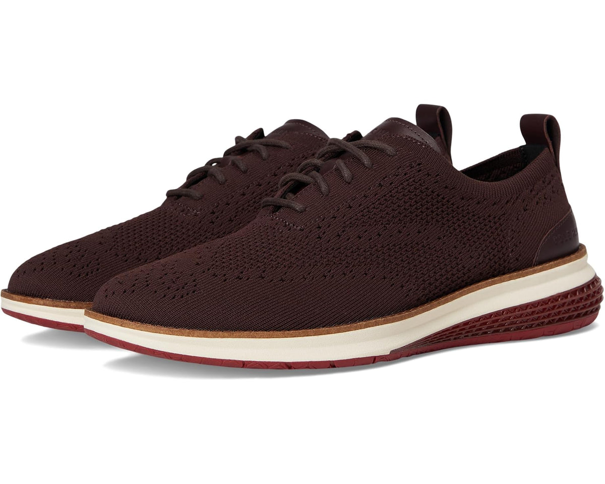 Men's knit wingtip oxford sneakers in dark chocolate with lace-up front and cream sole