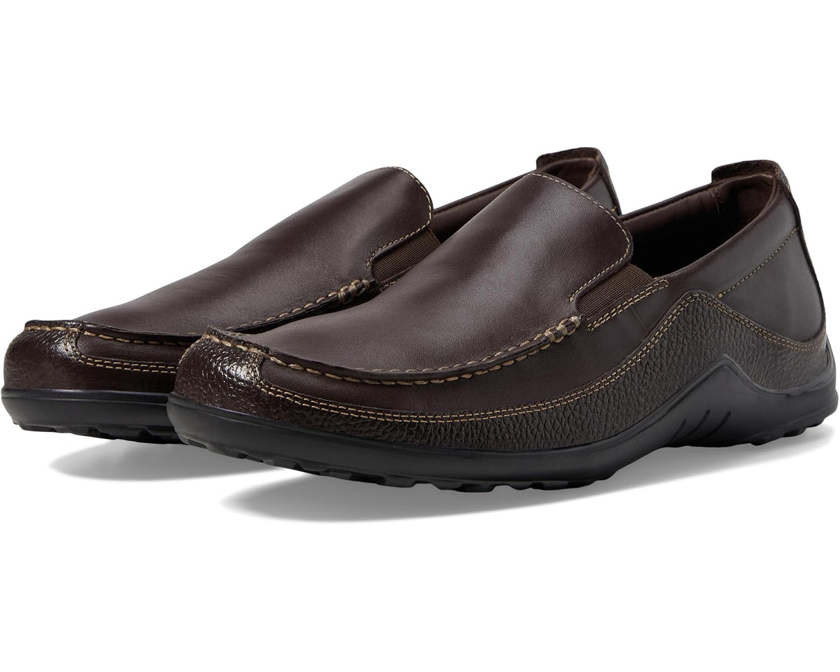 Dark brown leather slip-on loafer with moc-toe stitching and rubber outsole