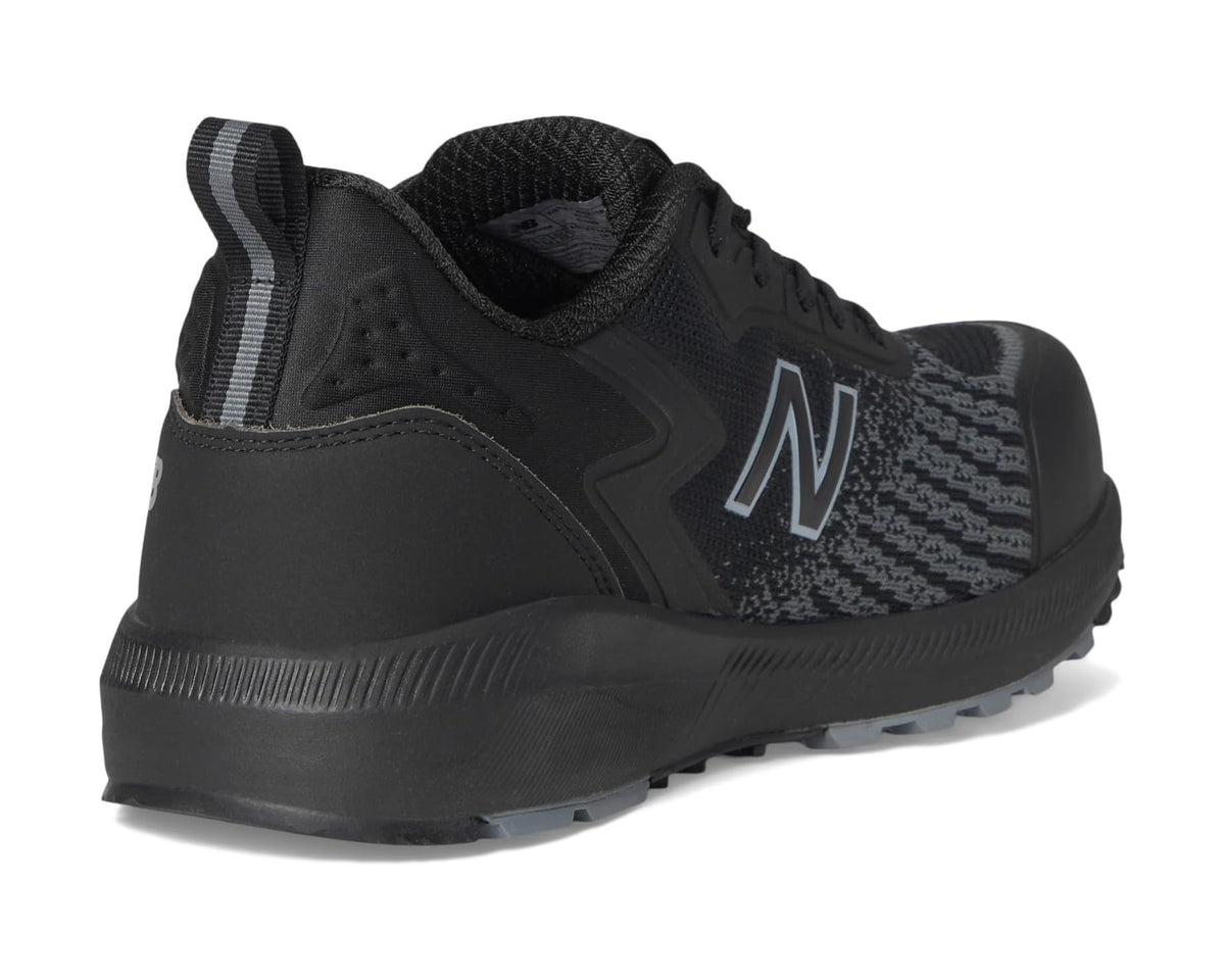 Black safety-toe work shoe heel and side view with lace-up mesh upper