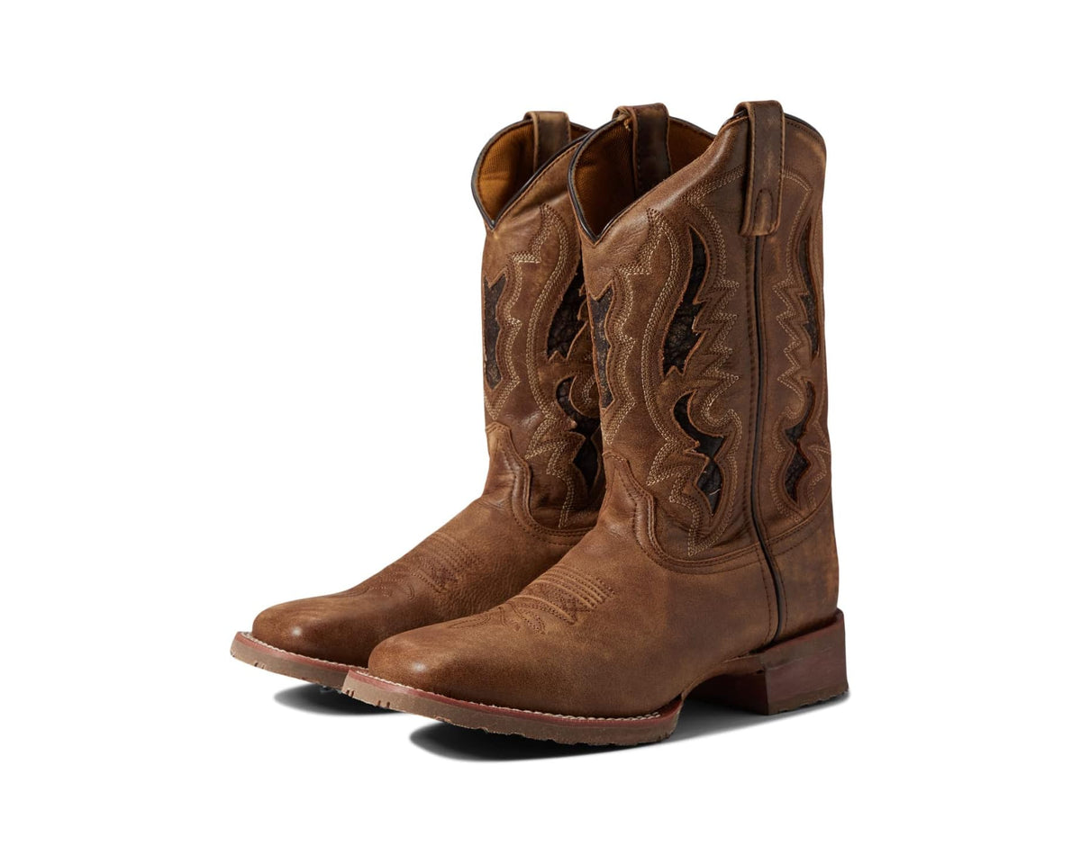 Tan men's cowboy boots with embroidered shafts and pull-on tabs