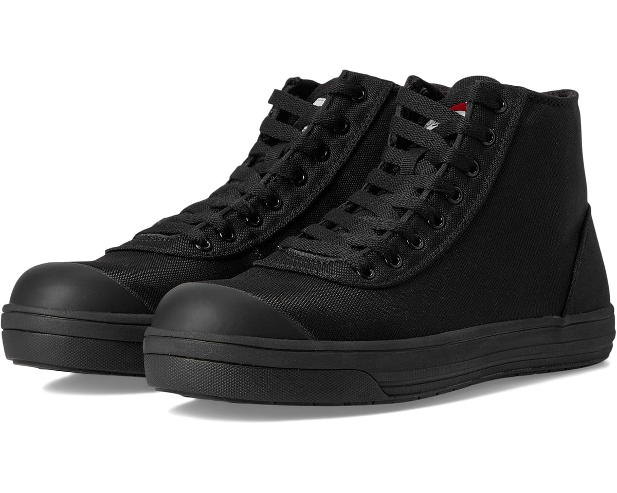 Black men’s lace-up work boots with canvas upper and rubber toe cap