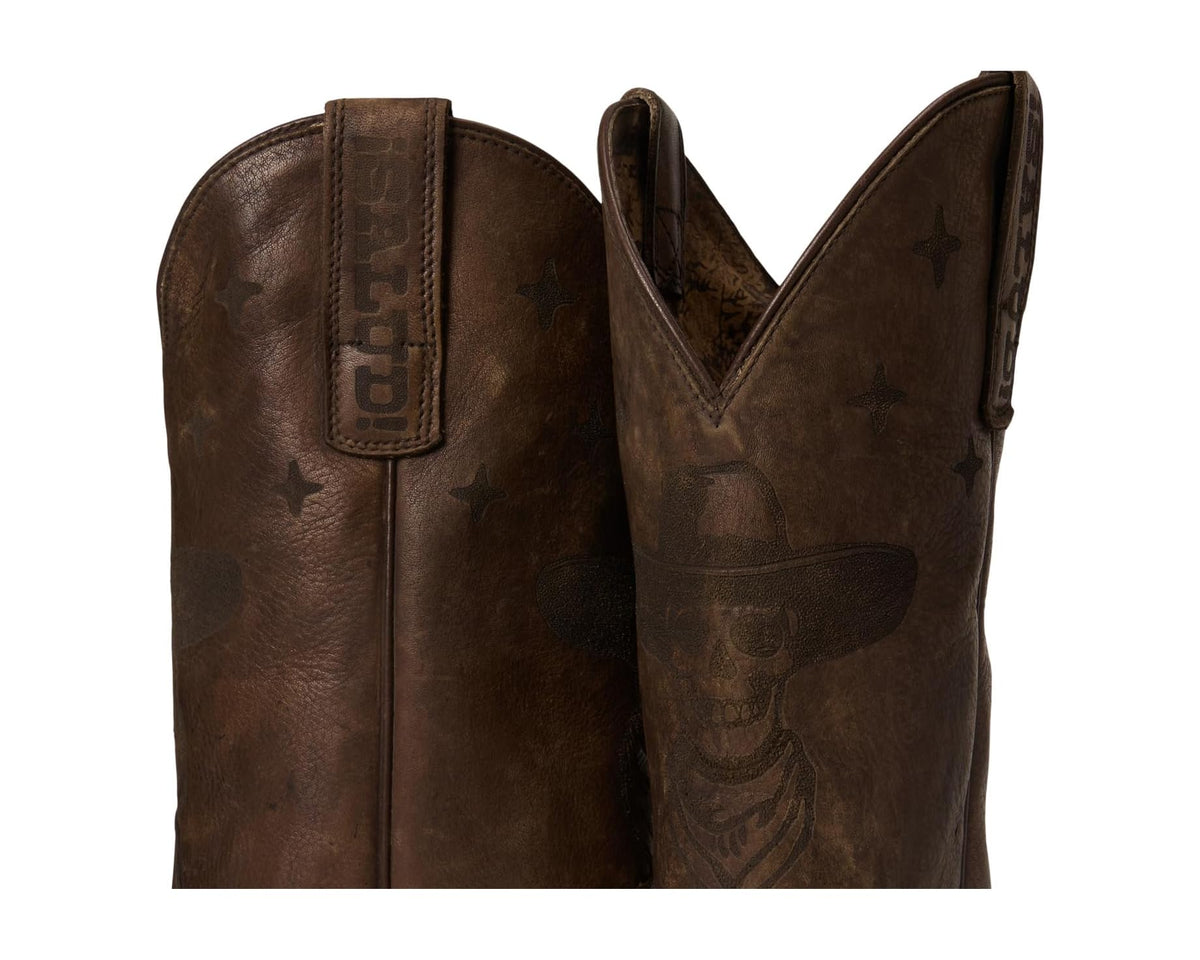 Men's Ariat stonewashed brown boot shaft detail with embossed pattern
