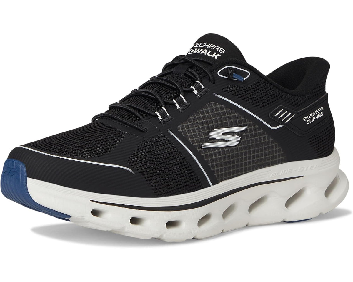 Black and white lace-up slip-in sneakers with air-cushion midsole and blue accents