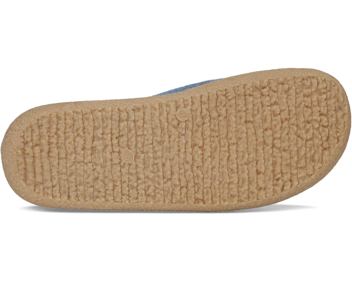 Sanita blue felt slip-on outsole with textured tan rubber tread