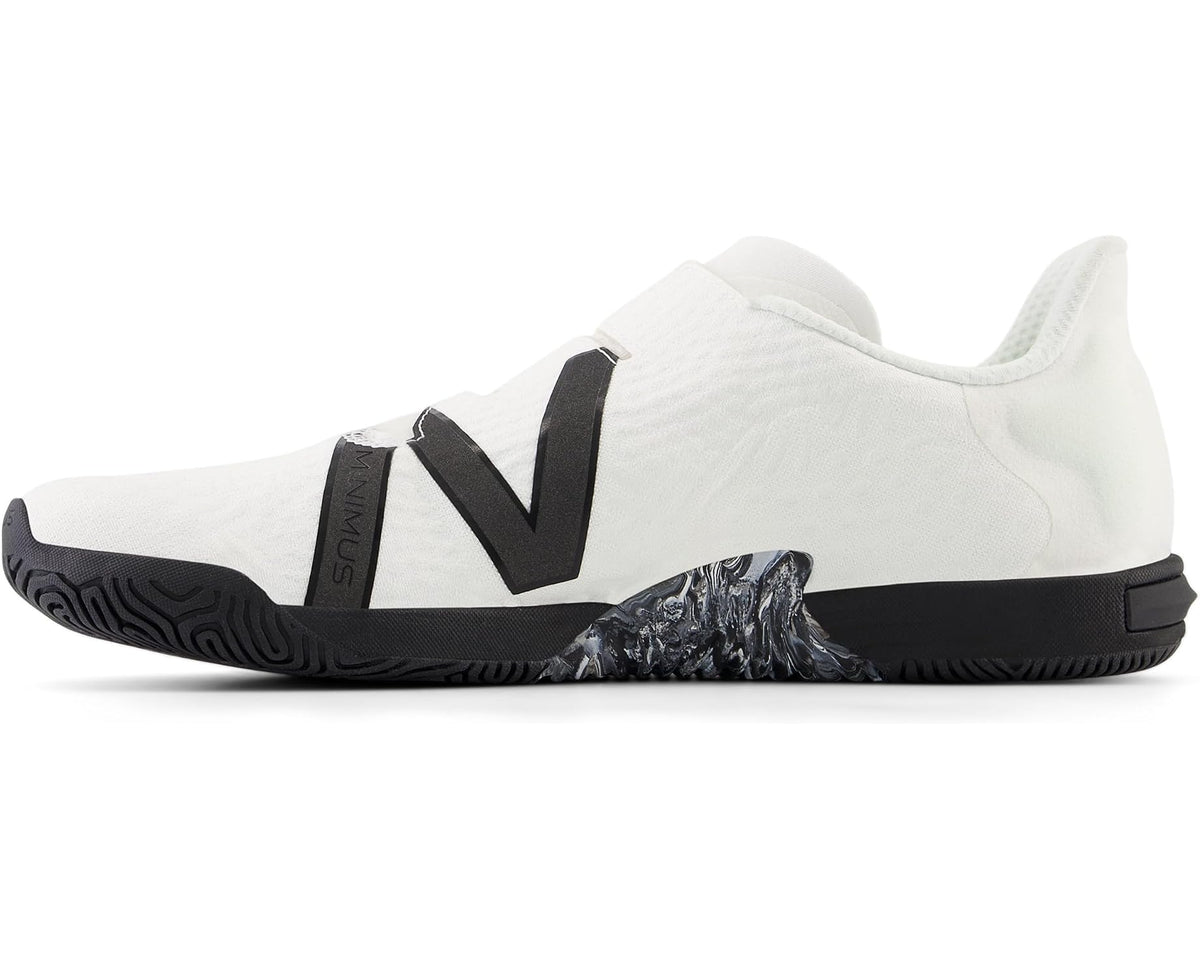 White New Balance Minimus TR BOA shoe with black V logo and gray textured toe panel