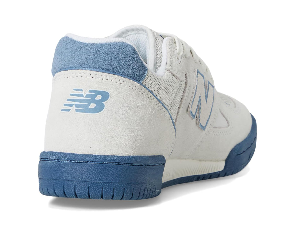 Light grey skate sneakers heel view with blue collar and New Balance logo