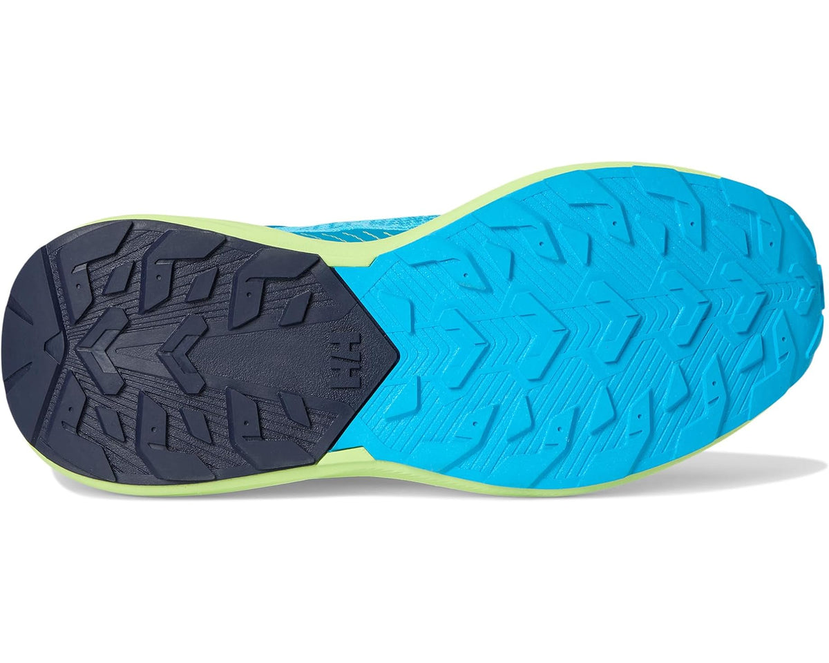 Men's Helly Hansen Buzzard trail runner outsole with textured tread in dark blue and light green
