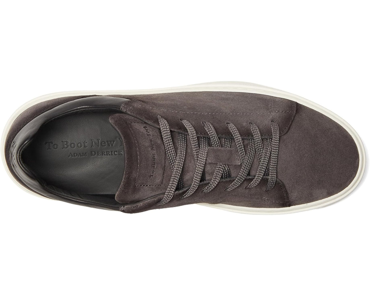 Men's grey suede sneaker top view with lace-up closure and white sole edge