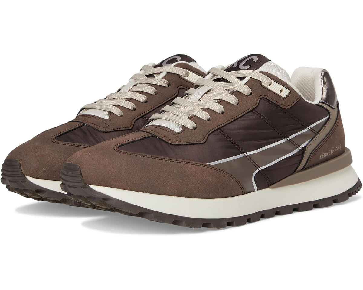 Men's sneaker with dark brown and cream panels, white laces, and rubber outsole