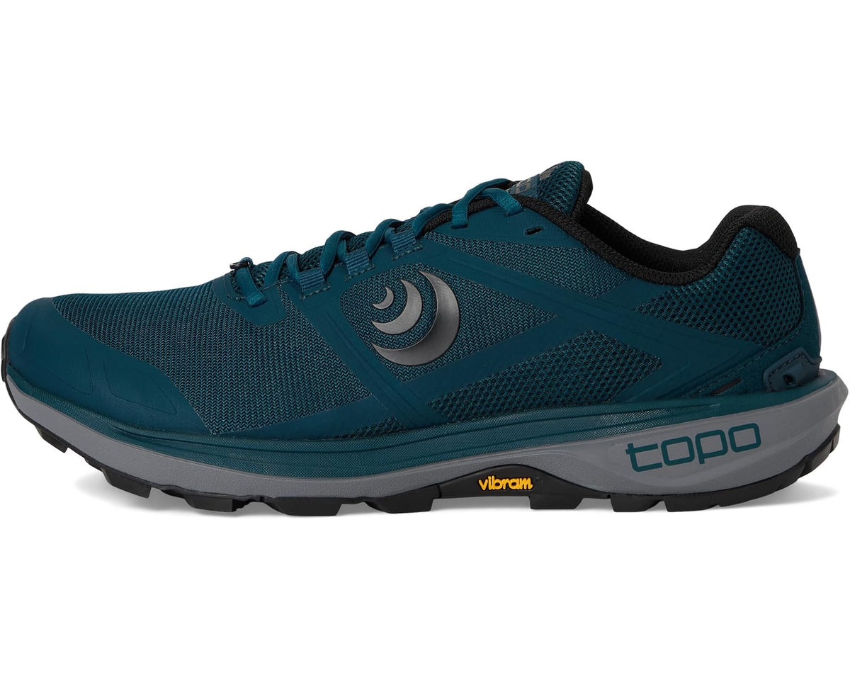 Men's teal trail running shoes, side view with logo detail and lace-up upper