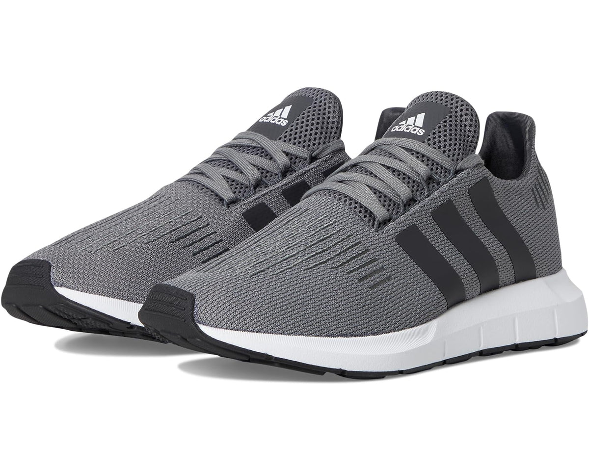 Men's grey knit running sneakers with black 3-stripe detailing and white midsole