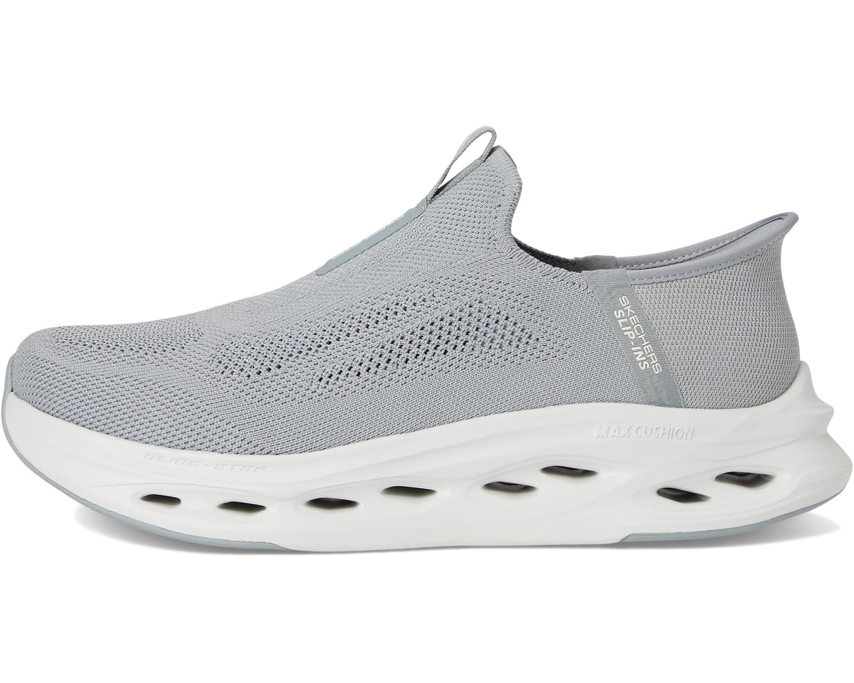 Men's SKECHERS slip-on sneaker, grey knit upper and white sole with oval vents