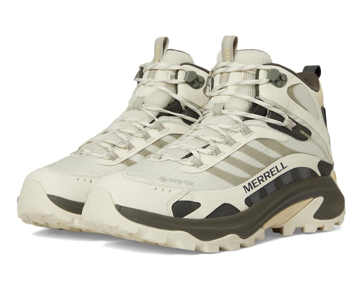 Men's light beige mid hiking boot, lace-up with padded collar and Merrell branding