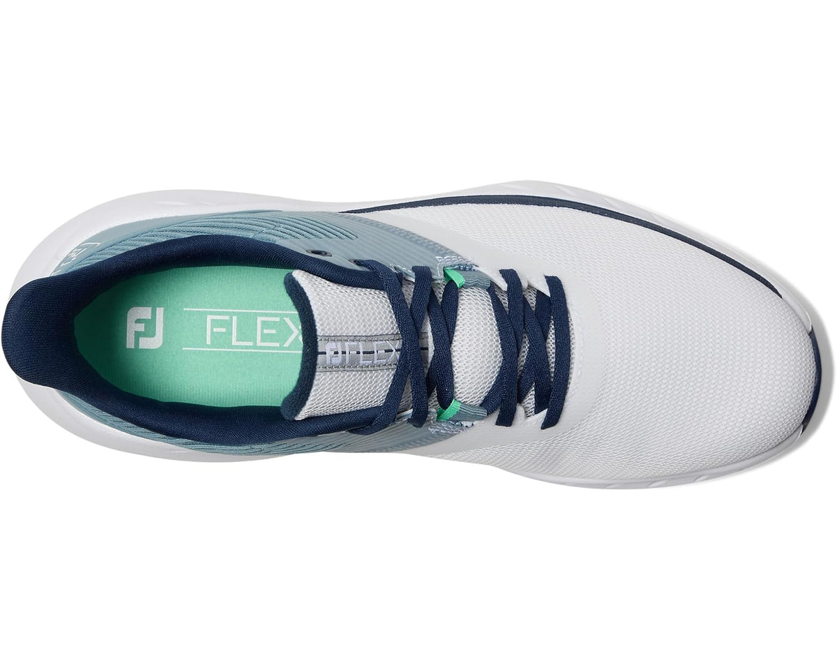 Men's white golf shoe with green-lined interior and navy lace-up front