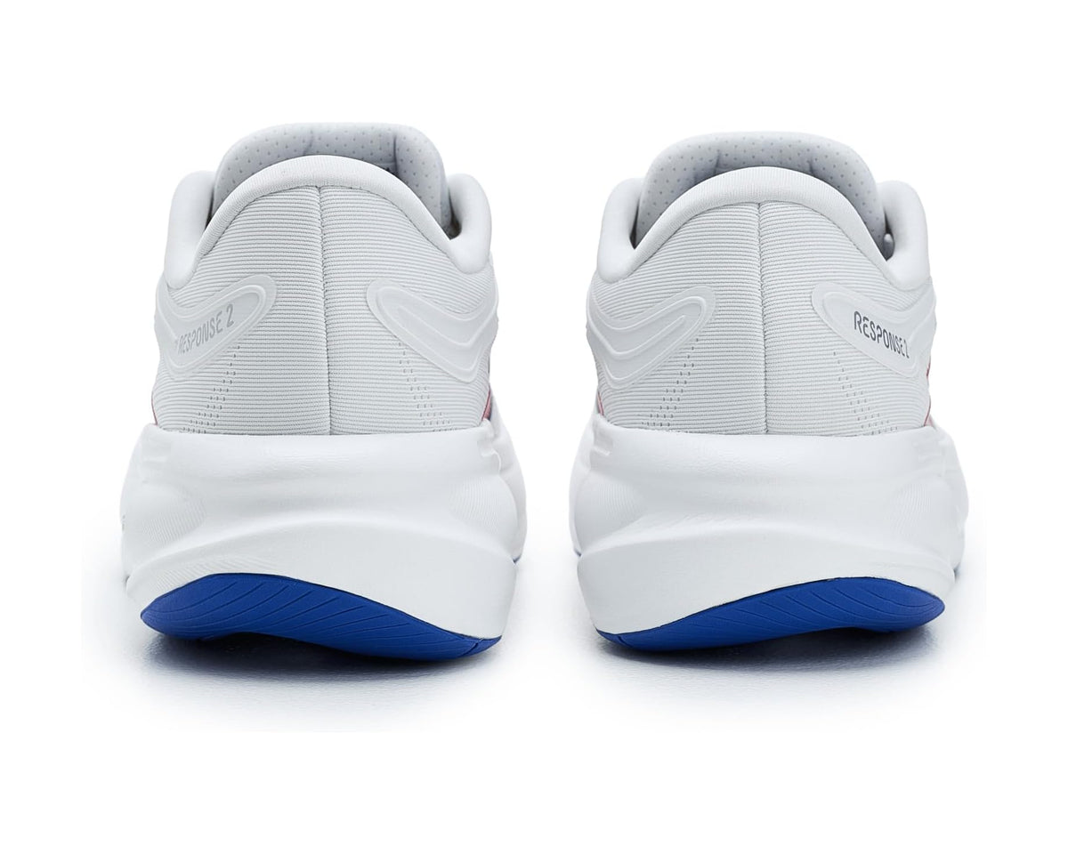 Men's adidas Response 2 running shoes back view, white with blue heel accents