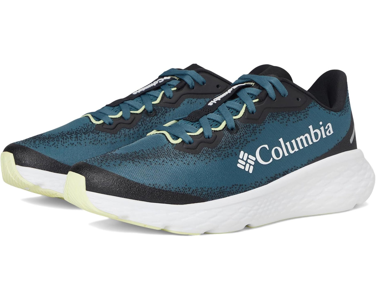 Men's lightweight running shoes in teal blue with black trim, white midsole, blue laces