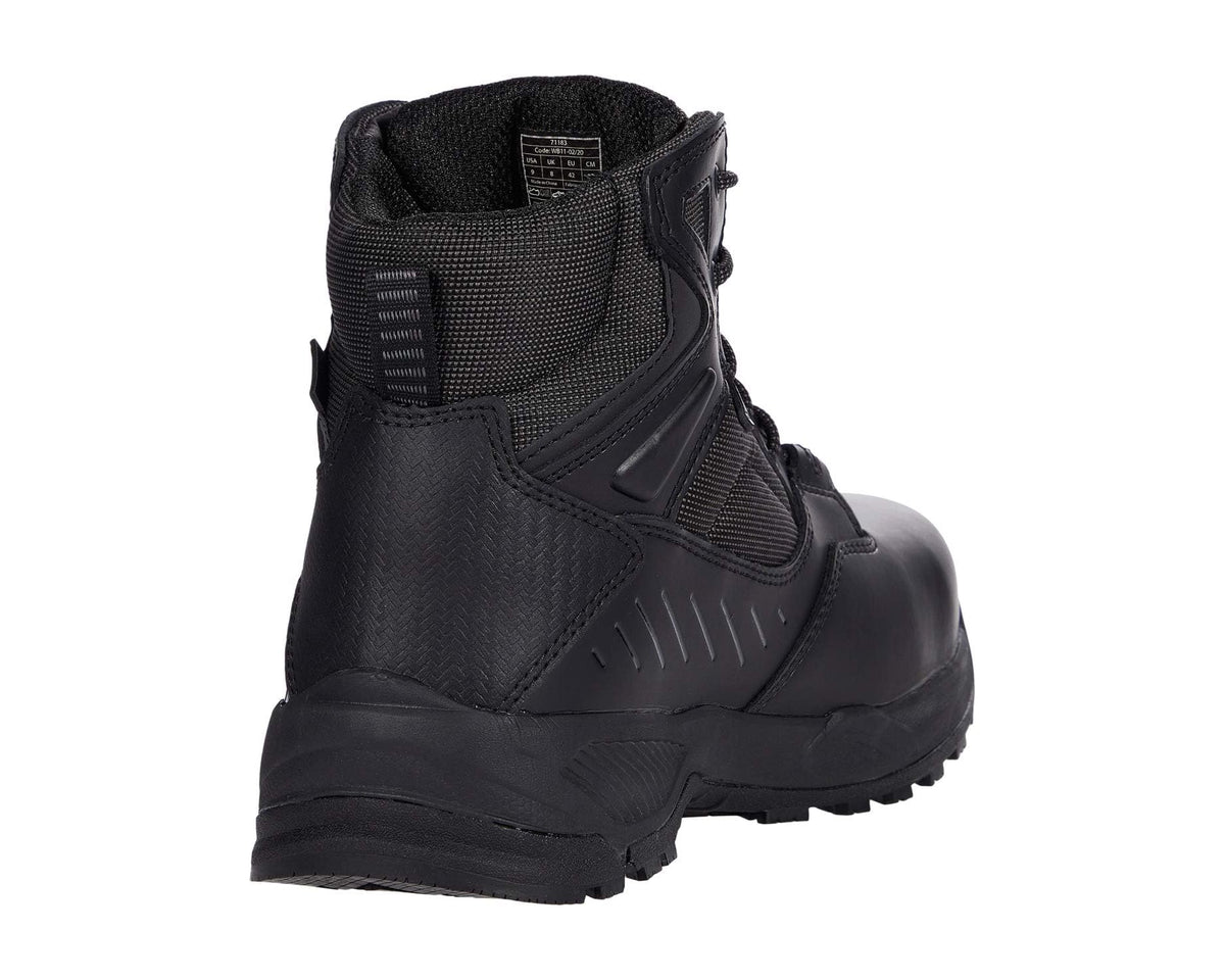 Black men's work boots, heel and side view with padded collar and pull tab