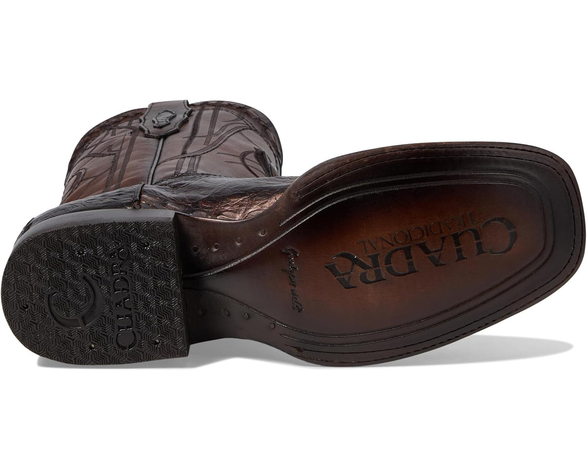 Men's Cuadra cowboy boots, outsole and heel view with textured tread and branding.