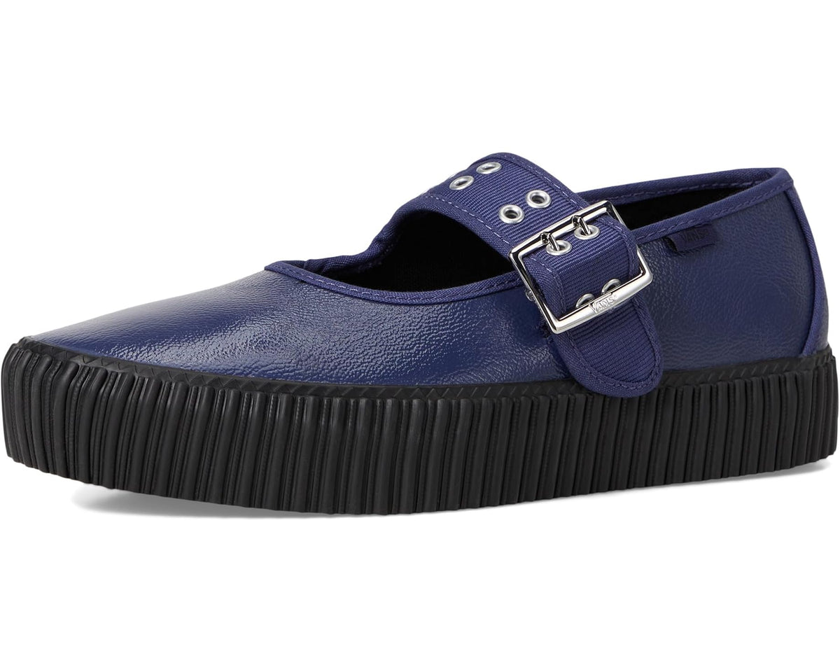 Vans Mary Jane creeper shoes front angle in deep twilight blue patent with metal buckle