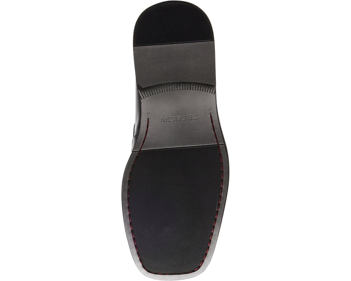 Men's black loafer outsole with textured tread and stitched edge