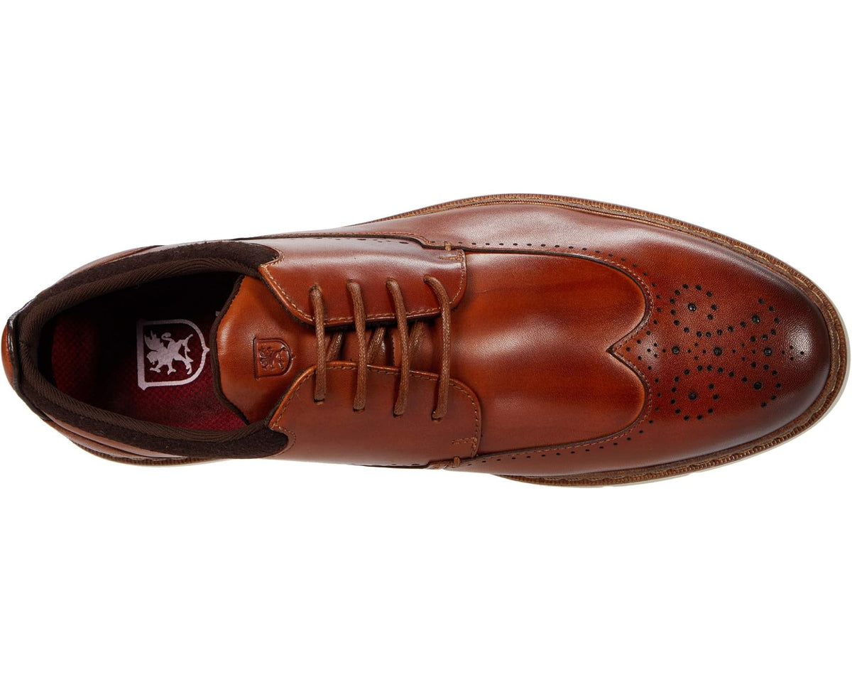 Men's cognac lace-up oxford with wingtip perforations and dark interior lining