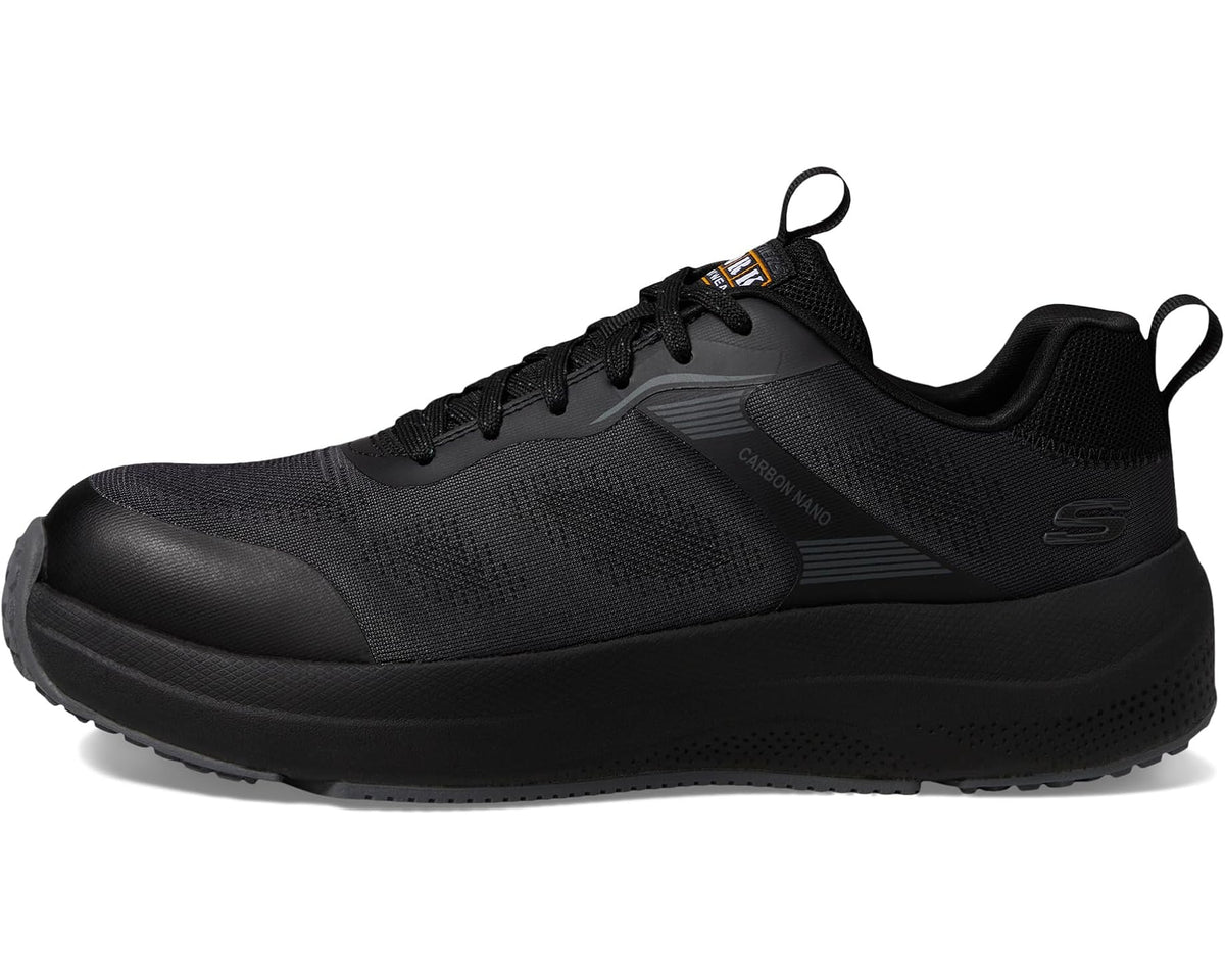 Men's SKECHERS black work shoe, front side view with lace-up and padded collar