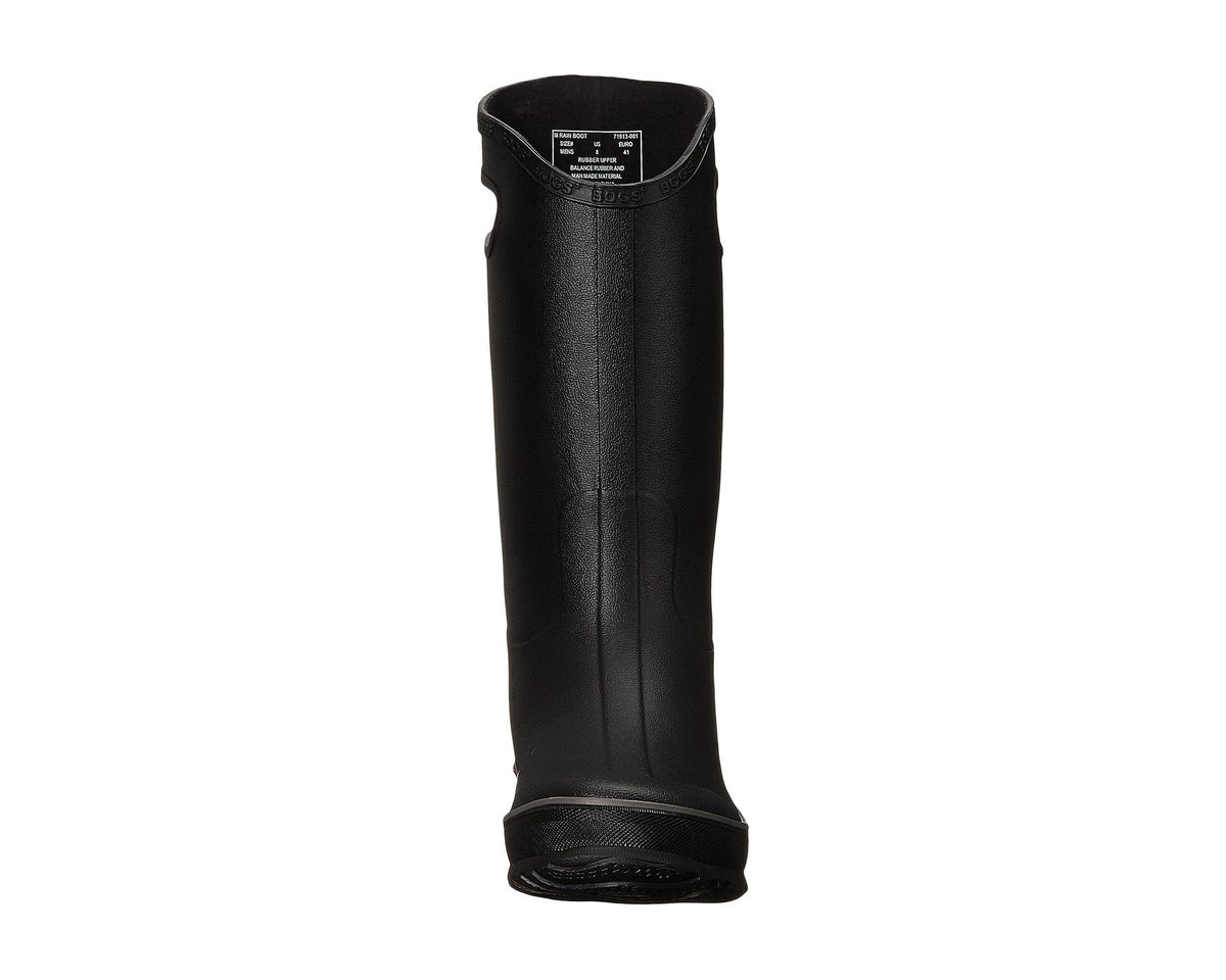 Black rain boot rear view with label patch on calf shaft