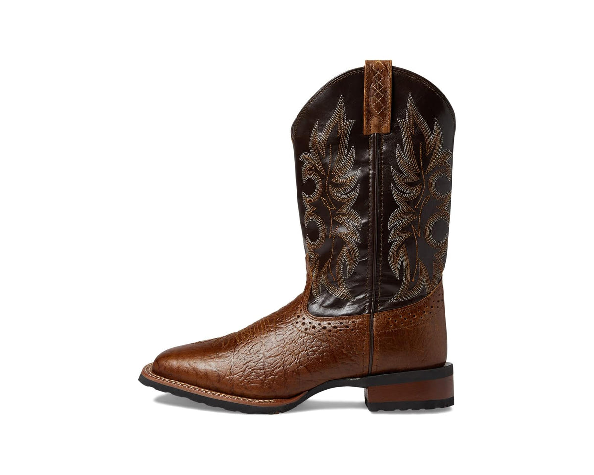 Brown western boots with ornate embroidery panels, pull strap at top, and leather sole.