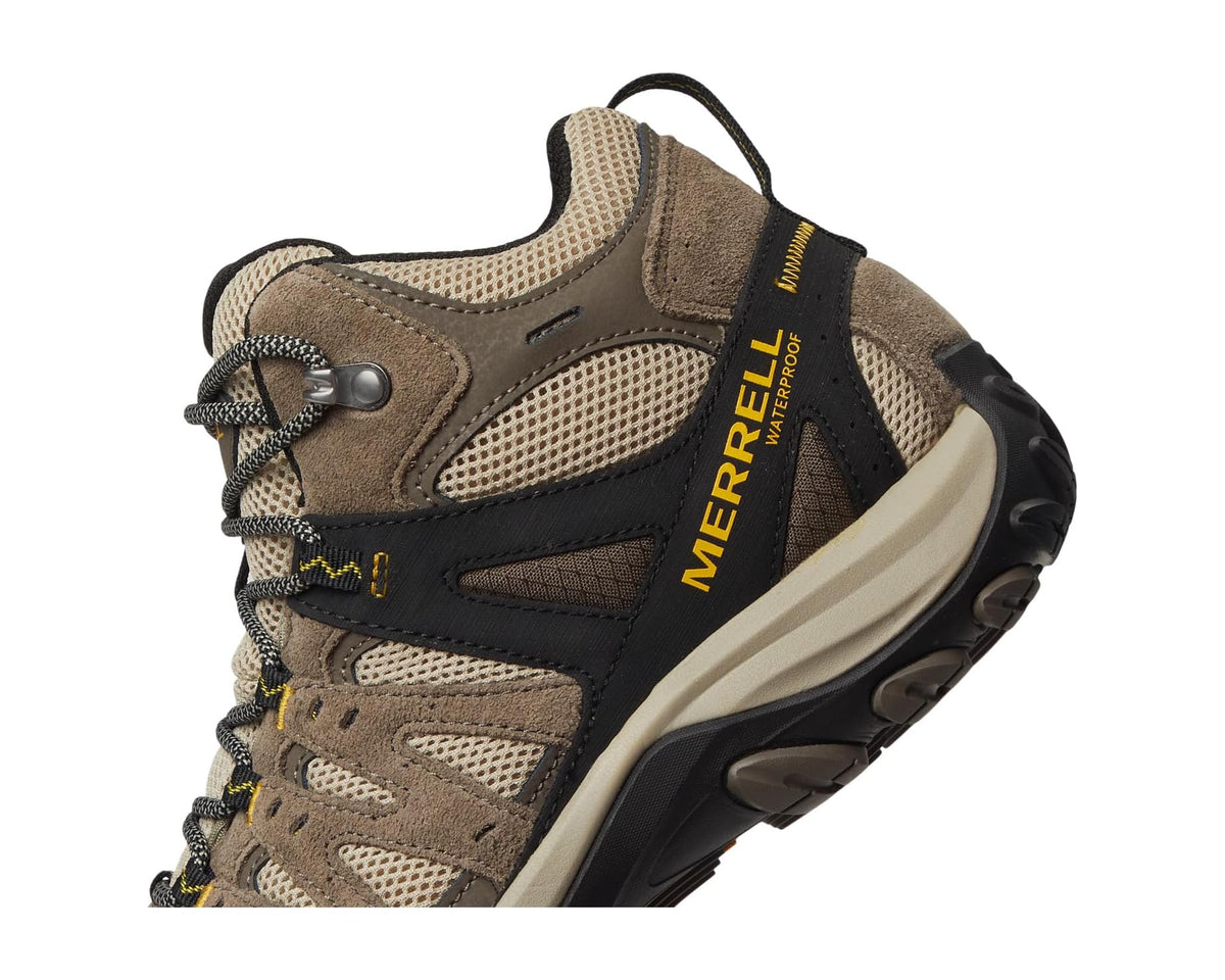 Merrell mid waterproof hiking boot, side panel and outsole edge view