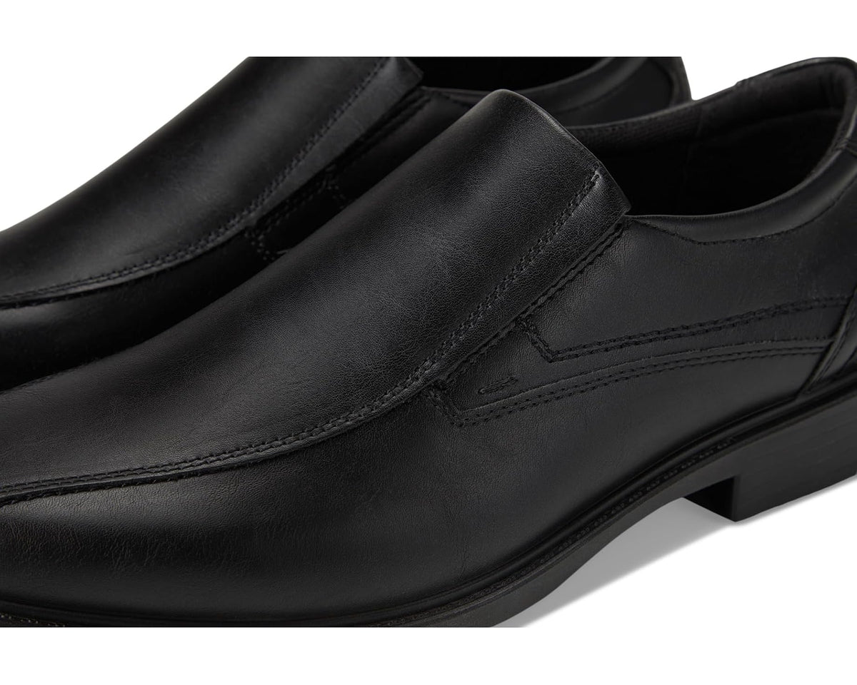 Black loafer upper close-up with stitched straps and smooth leather finish