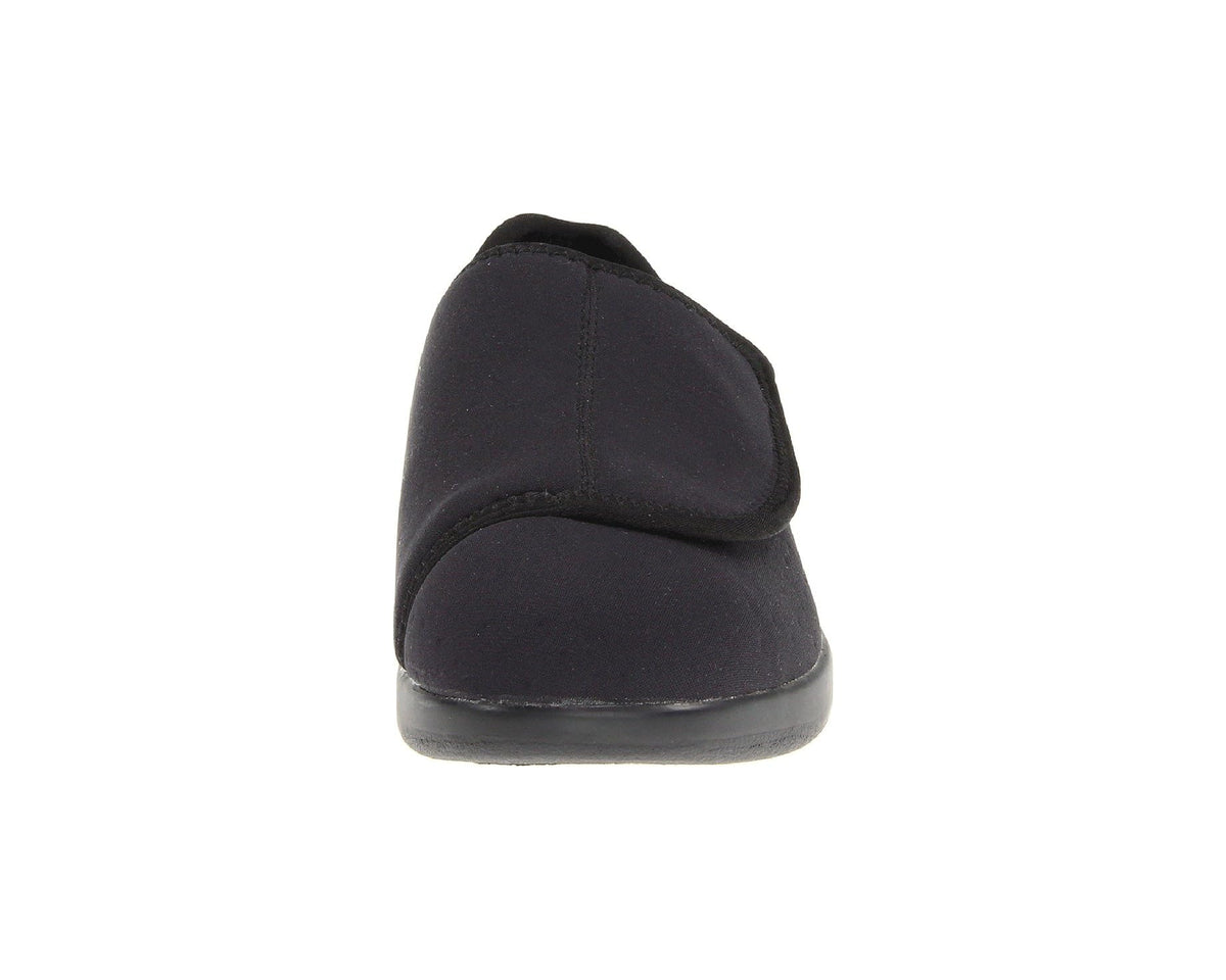 Black slip-on shoe back view with padded heel counter and stitched seam