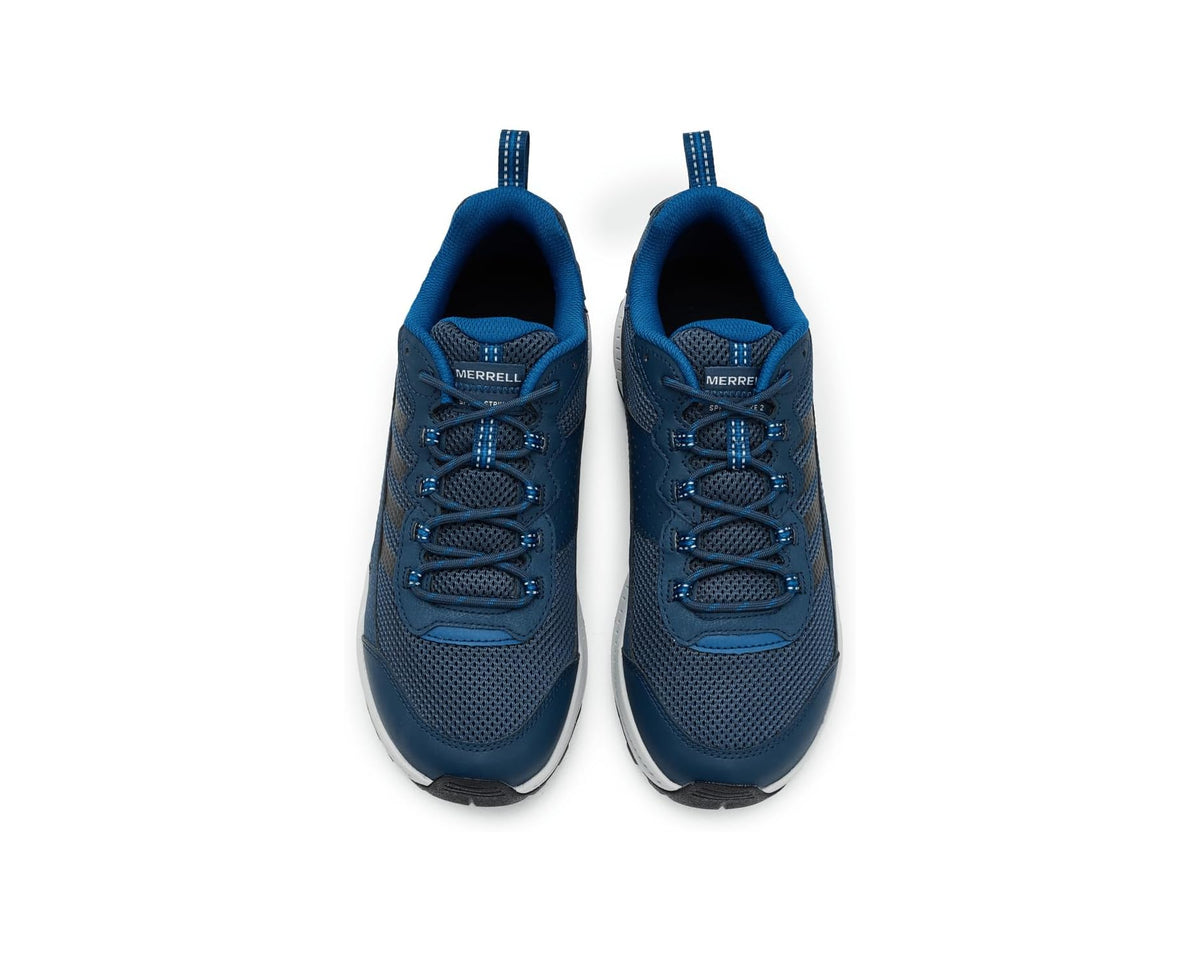 Pair of navy Merrell Speed Strike 2 sneakers with mesh uppers and lace-up fronts
