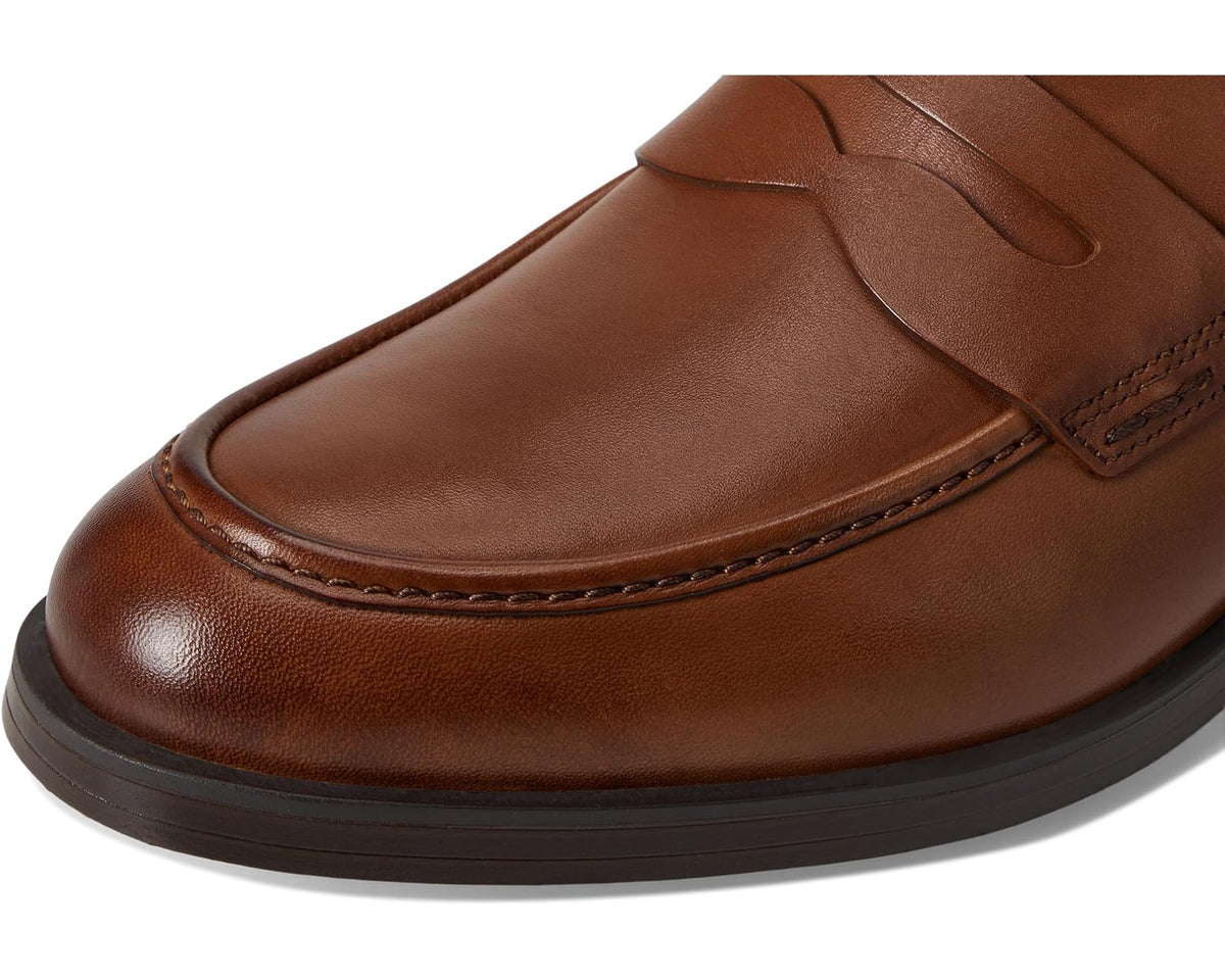 Men's brown leather penny loafers with stitched apron and moccasin toe seam