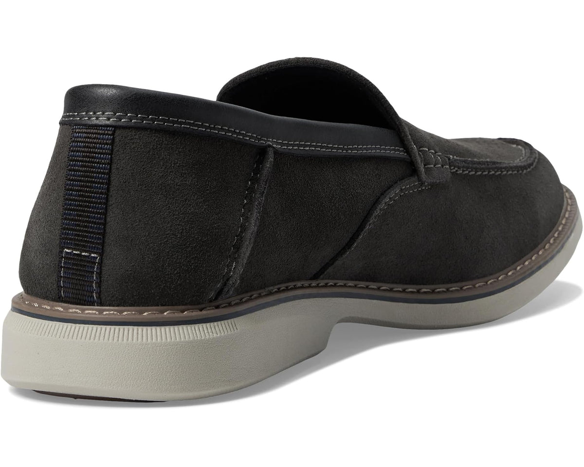 Grey suede slip-on loafer heel with elastic gore panel and pull tab