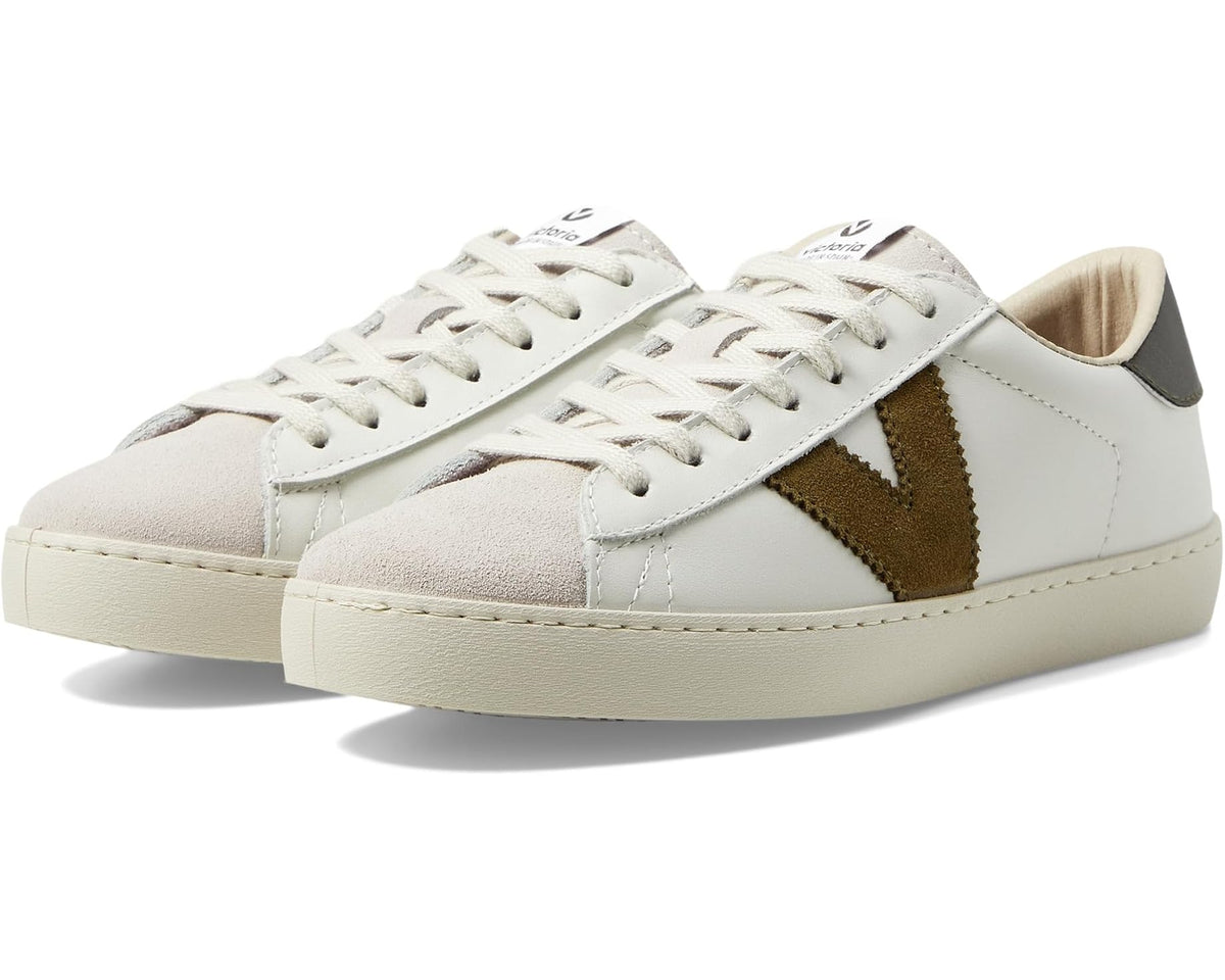 Unisex leather low-top sneakers, white with khaki and dark green side panels