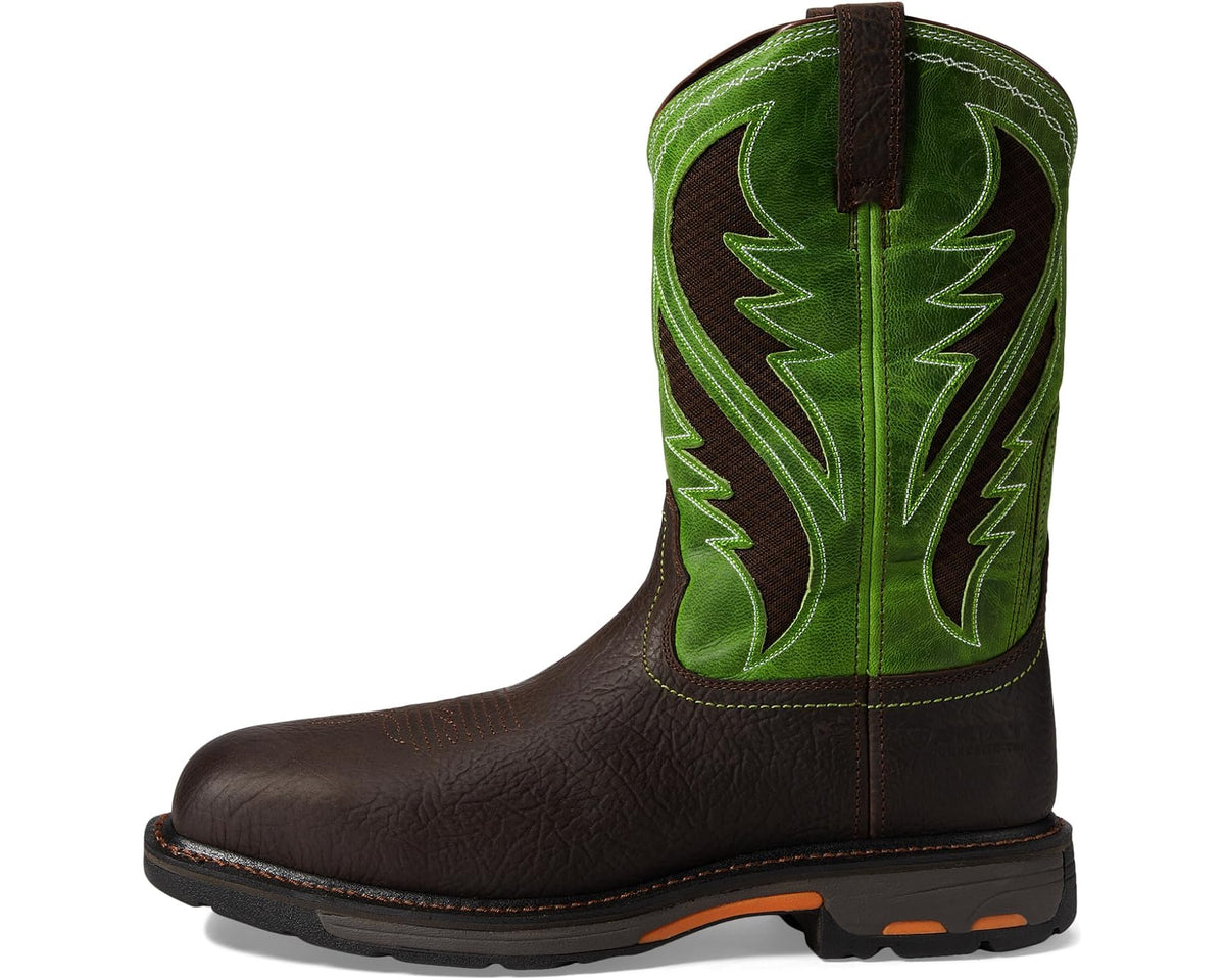 Ariat tall work boot in dark brown with bright green embroidered shaft and square toe