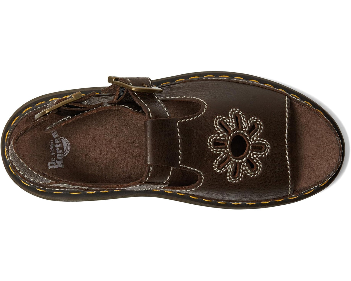 Brown leather sandal with flower embroidery, open toe, and adjustable strap