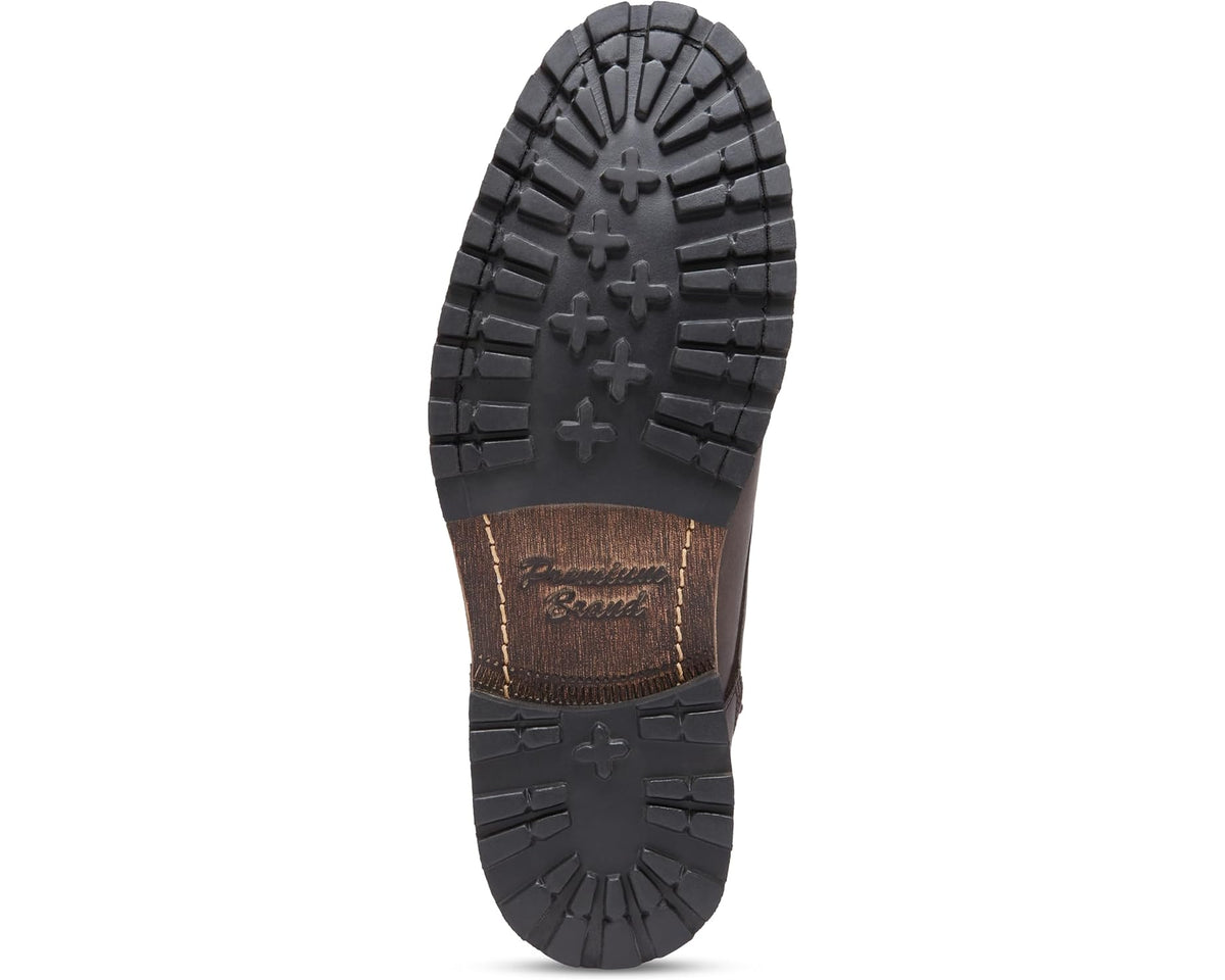 Men's brown boot outsole with deep tread and brand label on heel