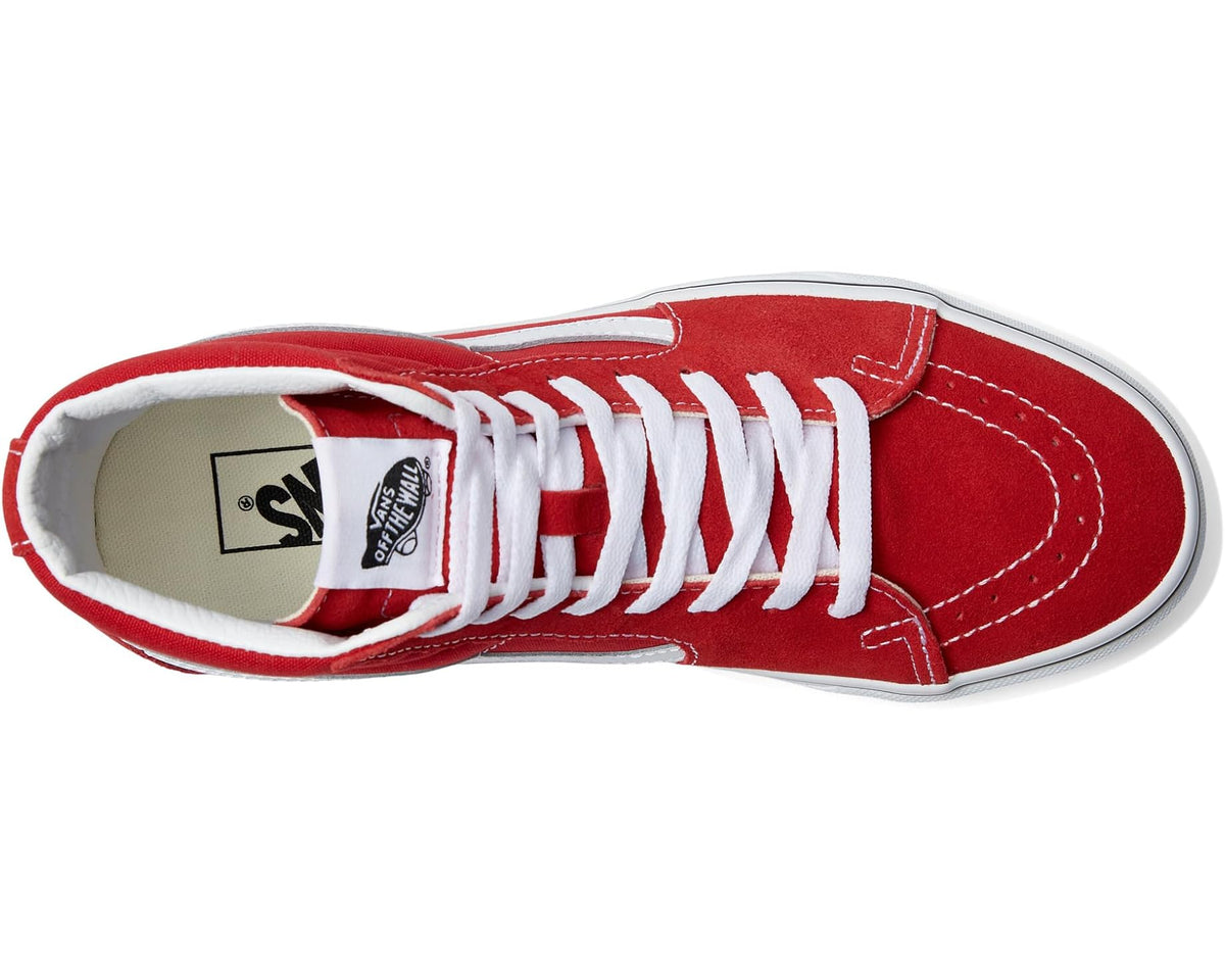 Red high-top sneaker open lace view with white laces and padded tongue