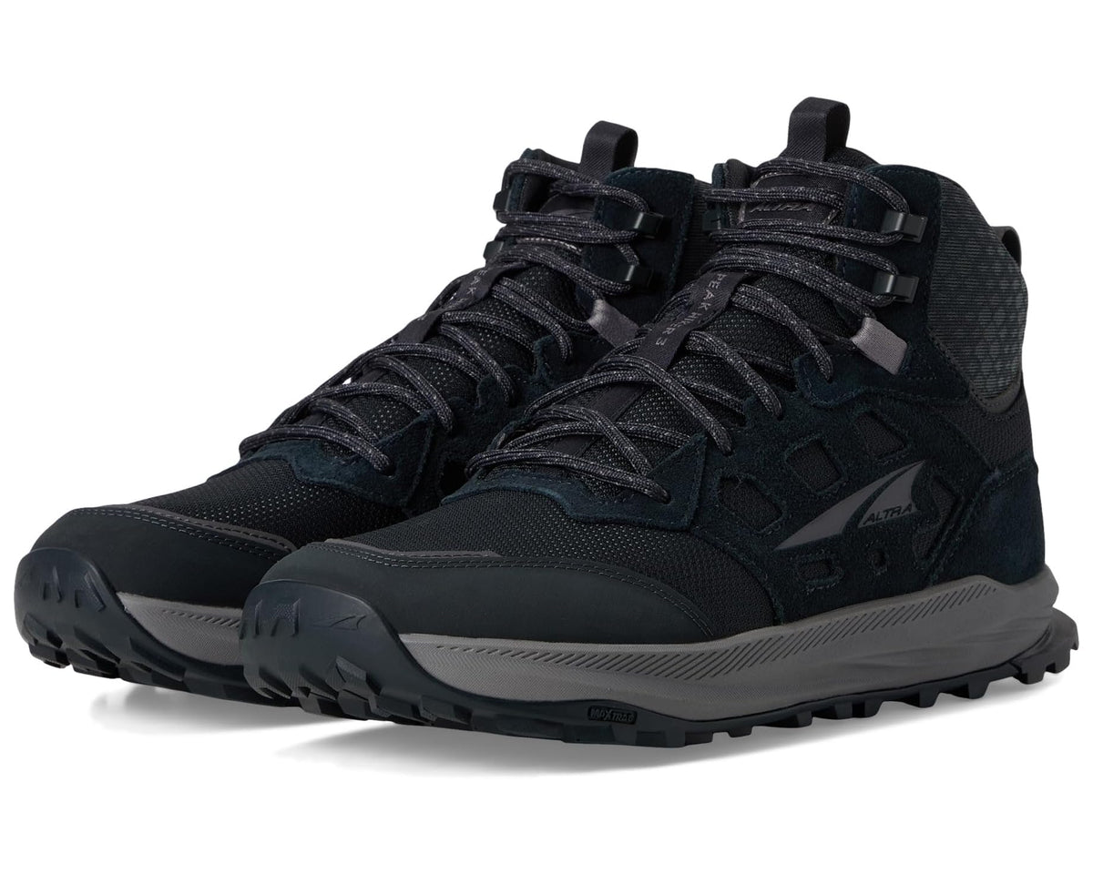Men's Altra hiking boots in black and gray, lace-up mid-cut with rugged sole